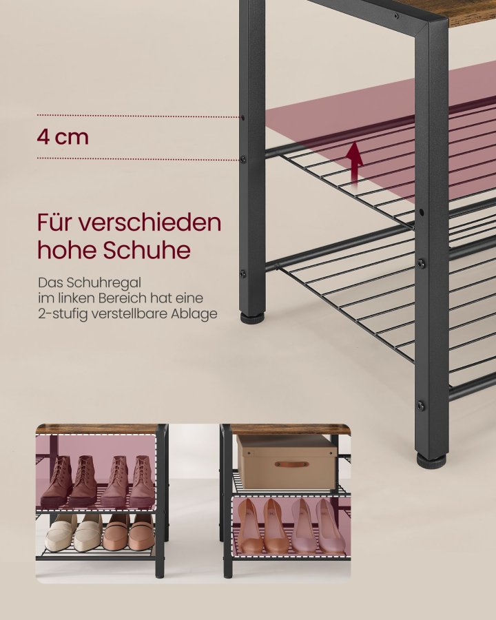 VASAGLE HSR426B01 entr�opstilling, m. 9 knager, 6 kroge, 8 hylder, b�nk - rustik brun sp�nplade og bl�ksort st�l