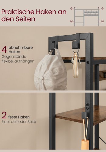 VASAGLE HSR426B01 entr�opstilling, m. 9 knager, 6 kroge, 8 hylder, b�nk - rustik brun sp�nplade og bl�ksort st�l