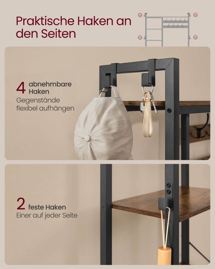 VASAGLE HSR426B01 entr�opstilling, m. 9 knager, 6 kroge, 8 hylder, b�nk - rustik brun sp�nplade og bl�ksort st�l