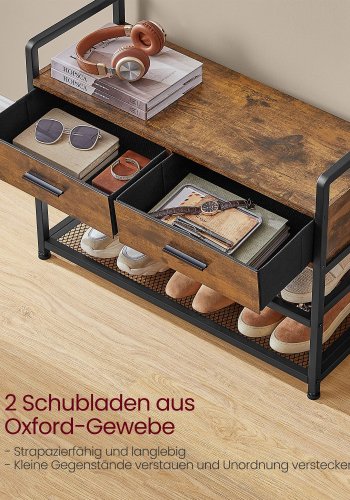 VASAGLE HSR429B01 entr�opstilling, m. 10 kroge, 1 b�jlestang, 3 hylder, 2 skuffer - vintage brun sp�nplade og bl�ksort st�l