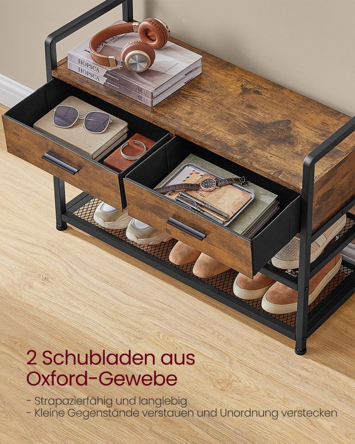 VASAGLE HSR429B01 entr�opstilling, m. 10 kroge, 1 b�jlestang, 3 hylder, 2 skuffer - vintage brun sp�nplade og bl�ksort st�l
