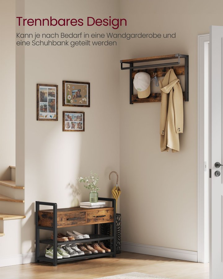 VASAGLE HSR429B01 entr�opstilling, m. 10 kroge, 1 b�jlestang, 3 hylder, 2 skuffer - vintage brun sp�nplade og bl�ksort st�l