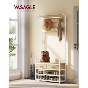 VASAGLE HSR429YA01 Knagerekk med inngang og 10 avtakbare kroker, 2 skuffer, skobenk, separat design, 30 x 80,5 x 181,5 cm, gyllen eik og matt hvit
