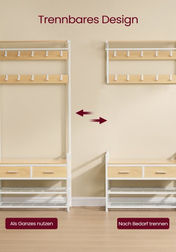 VASAGLE HSR429YA01 Knagerekk med inngang og 10 avtakbare kroker, 2 skuffer, skobenk, separat design, 30 x 80,5 x 181,5 cm, gyllen eik og matt hvit
