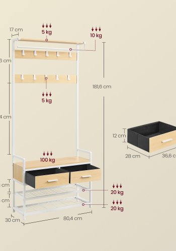 VASAGLE HSR429YA01 Knagerekk med inngang og 10 avtakbare kroker, 2 skuffer, skobenk, separat design, 30 x 80,5 x 181,5 cm, gyllen eik og matt hvit