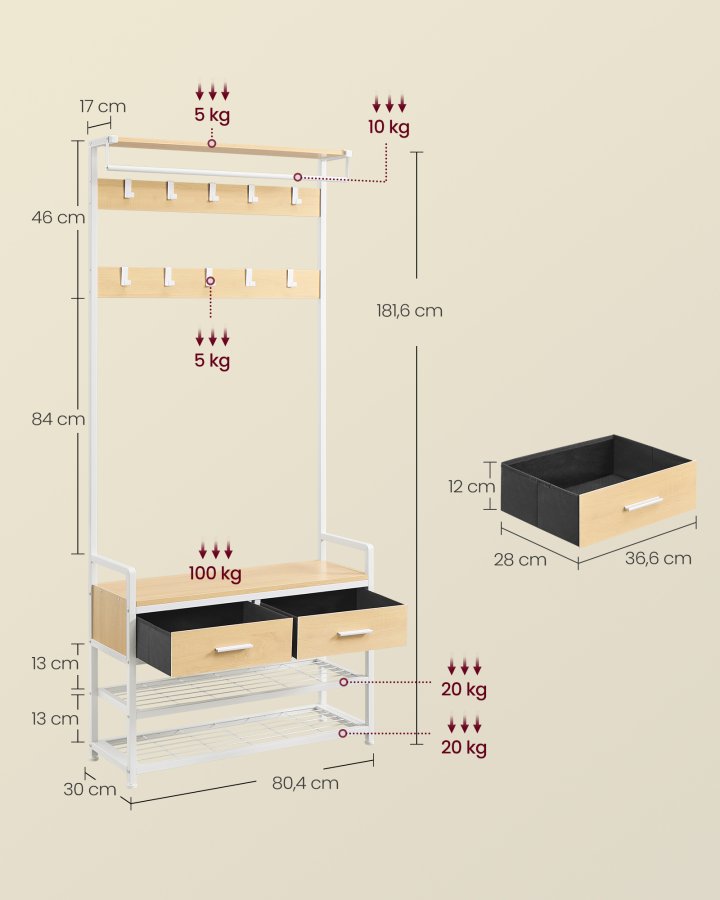 VASAGLE HSR429YA01 Knagerekk med inngang og 10 avtakbare kroker, 2 skuffer, skobenk, separat design, 30 x 80,5 x 181,5 cm, gyllen eik og matt hvit
