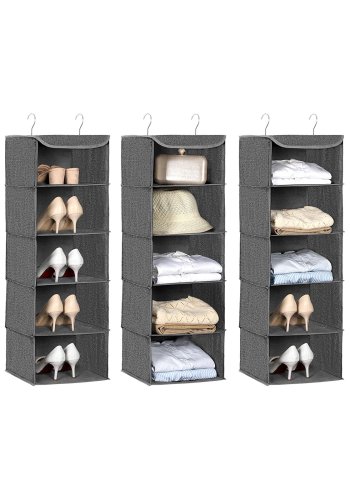 SONGMICS RYCH06G h�ngende garderobeskab, m. 5 rum, metalkroge, sammenklappelig - gr� stof og bambusindsatser