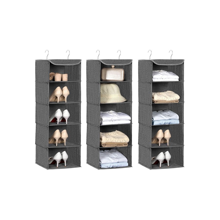 SONGMICS Hengende oppbevaringshyller, klesorganisator for garderobe, plassbesparende og sammenleggbar, metallkroker og bambusinnsatser, linm�nster, gr� RYCH06G