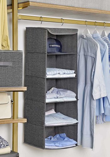 SONGMICS RYCH06G h�ngende garderobeskab, m. 5 rum, metalkroge, sammenklappelig - gr� stof og bambusindsatser