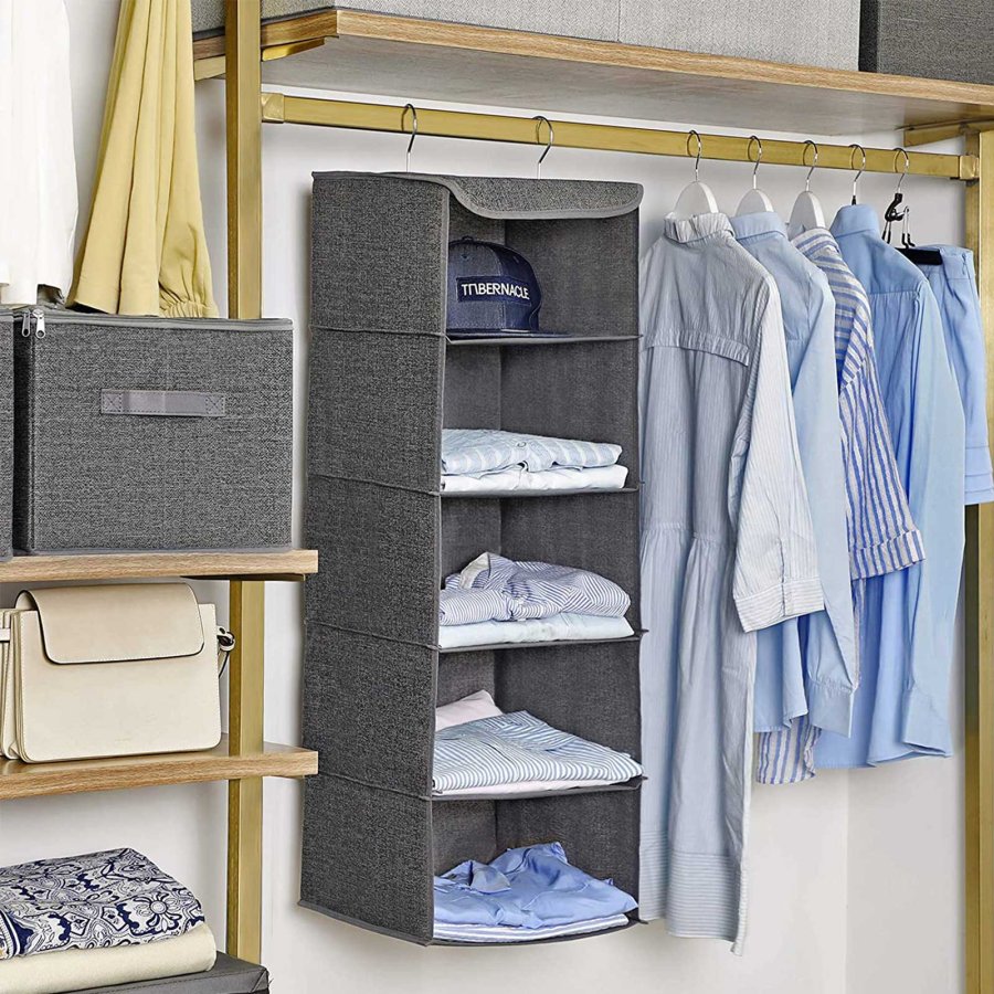 SONGMICS Hengende oppbevaringshyller, klesorganisator for garderobe, plassbesparende og sammenleggbar, metallkroker og bambusinnsatser, linm�nster, gr� RYCH06G