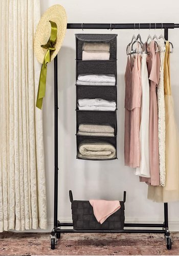 SONGMICS Hengende oppbevaringshyller, klesorganisator for garderobe, plassbesparende og sammenleggbar, metallkroker og bambusinnsatser, linm�nster, gr� RYCH06G
