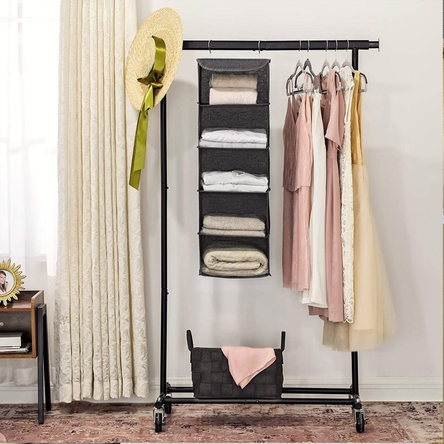 SONGMICS Hengende oppbevaringshyller, klesorganisator for garderobe, plassbesparende og sammenleggbar, metallkroker og bambusinnsatser, linm�nster, gr� RYCH06G