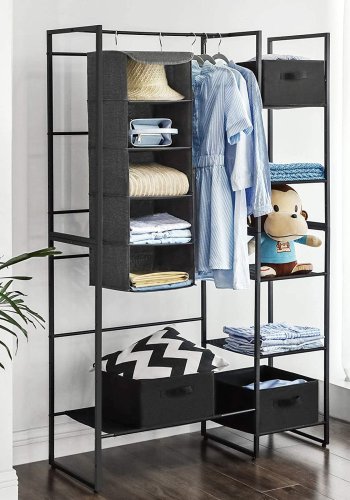 SONGMICS Hengende oppbevaringshyller, klesorganisator for garderobe, plassbesparende og sammenleggbar, metallkroker og bambusinnsatser, linm�nster, gr� RYCH06G