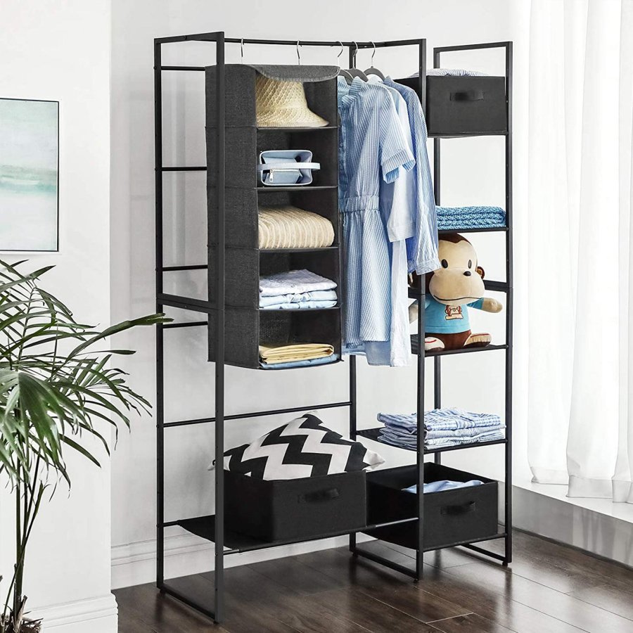 SONGMICS Hengende oppbevaringshyller, klesorganisator for garderobe, plassbesparende og sammenleggbar, metallkroker og bambusinnsatser, linm�nster, gr� RYCH06G