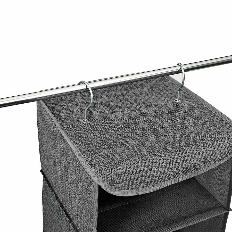 SONGMICS Hengende oppbevaringshyller, klesorganisator for garderobe, plassbesparende og sammenleggbar, metallkroker og bambusinnsatser, linm�nster, gr� RYCH06G