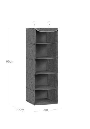 SONGMICS Hengende oppbevaringshyller, klesorganisator for garderobe, plassbesparende og sammenleggbar, metallkroker og bambusinnsatser, linm�nster, gr� RYCH06G