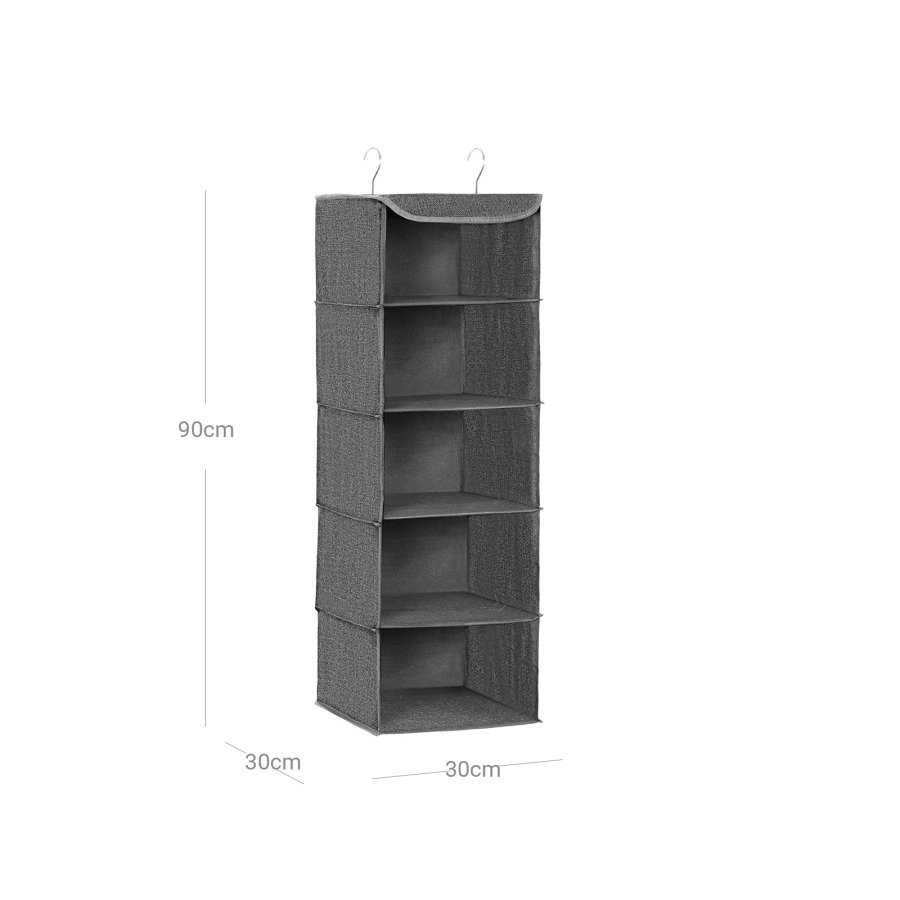 SONGMICS Hengende oppbevaringshyller, klesorganisator for garderobe, plassbesparende og sammenleggbar, metallkroker og bambusinnsatser, linm�nster, gr� RYCH06G