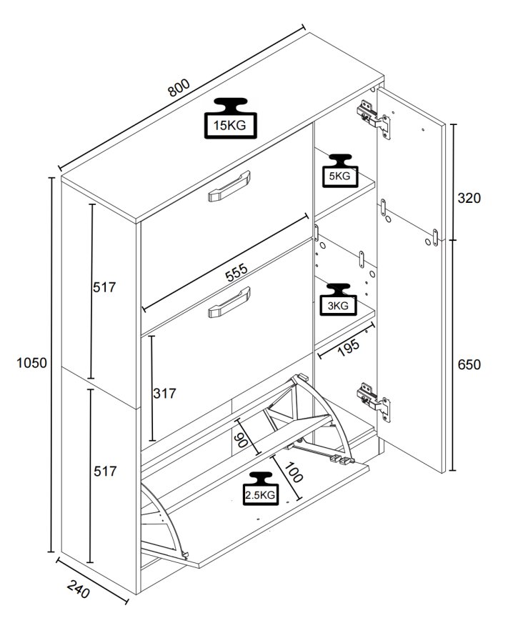 VCM NORDIC Halom L skoskap, m. 4 drer - hvit/naturtre