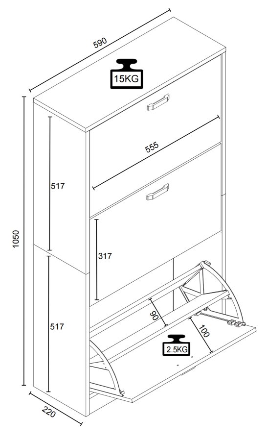 VCM NORDIC Halom M skoskap, m. 3 drer - antrasittgr/naturtre