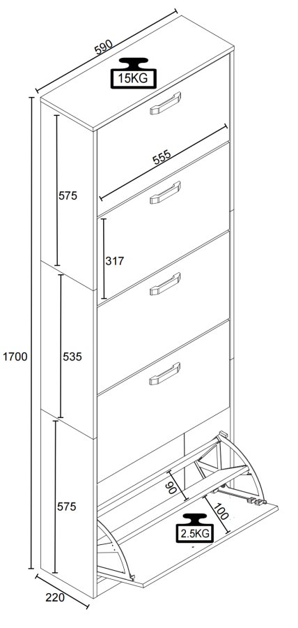 VCM NORDIC Halom XL skoskap, med 5 drer - antrasittgr/naturtre