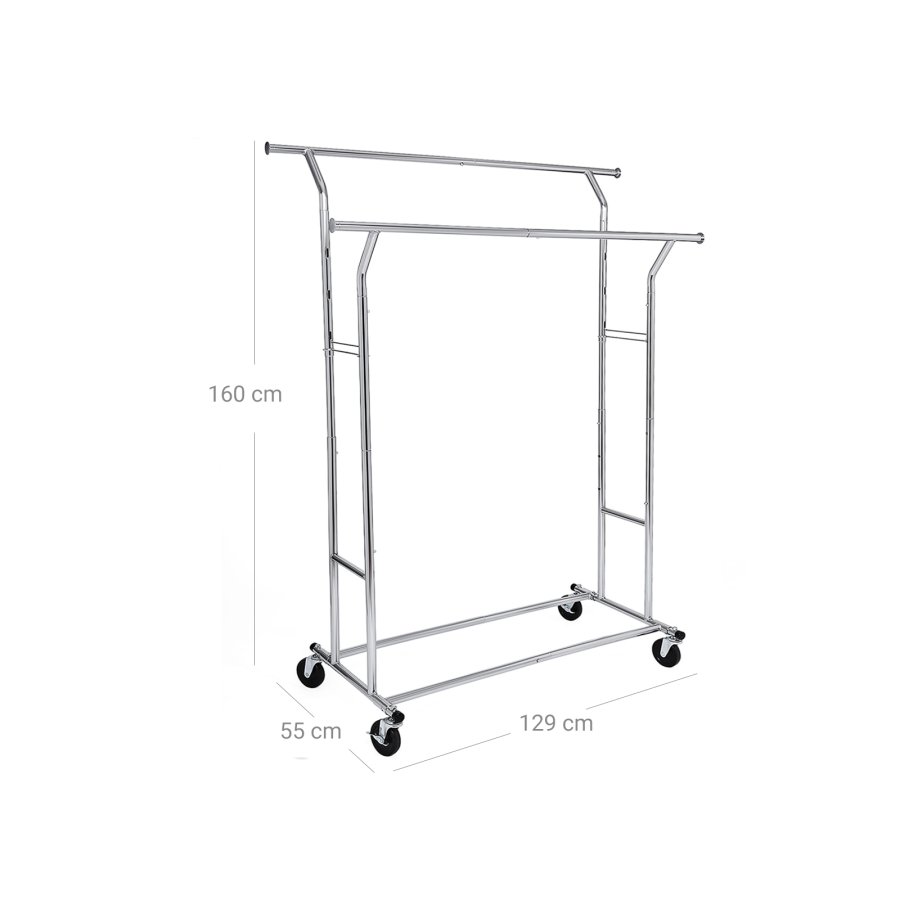 SONGMICS HSR12S Kraftig garderobestativ i metall 110 kg Kraftig klesstativ p� hjul Lengde 129-169 cm Krom