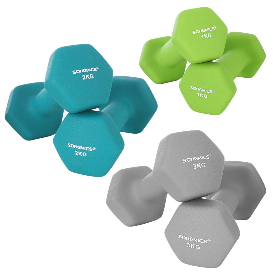 SONGMICS SYL612GN h�ndv�gt, m. stativ, sekskantet - mat lime, bl�gr�n og lysegr� neopren (2x1kg, 2x2kg, 2x3kg) (s�t med 6)
