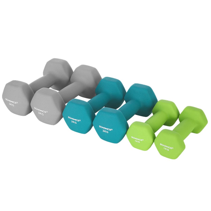 SONGMICS SYL612GN h�ndv�gt, m. stativ, sekskantet - mat lime, bl�gr�n og lysegr� neopren (2x1kg, 2x2kg, 2x3kg) (s�t med 6)