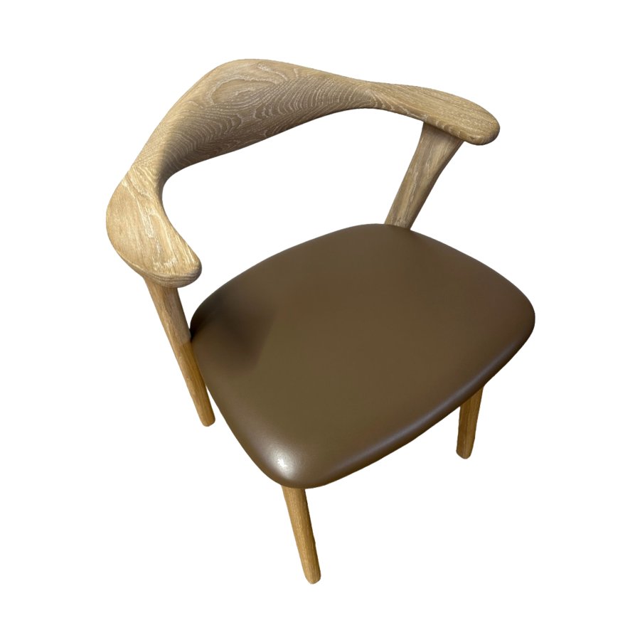 Designer-Esszimmerstuhl mit Armlehnen – hellbraunes Leder und massive weiß geölte Eiche