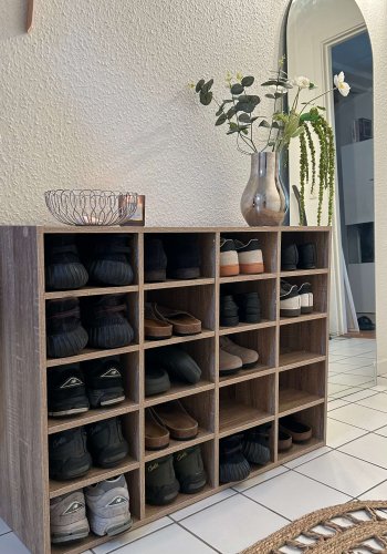 Hinsol L skoskab, m. 20 hyller - naturlig tre