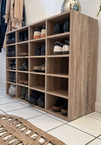 Hinsol L skoskab, m. 20 hyller - naturlig tre