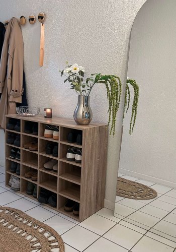 Hinsol L skoskab, m. 20 hyller - naturlig tre