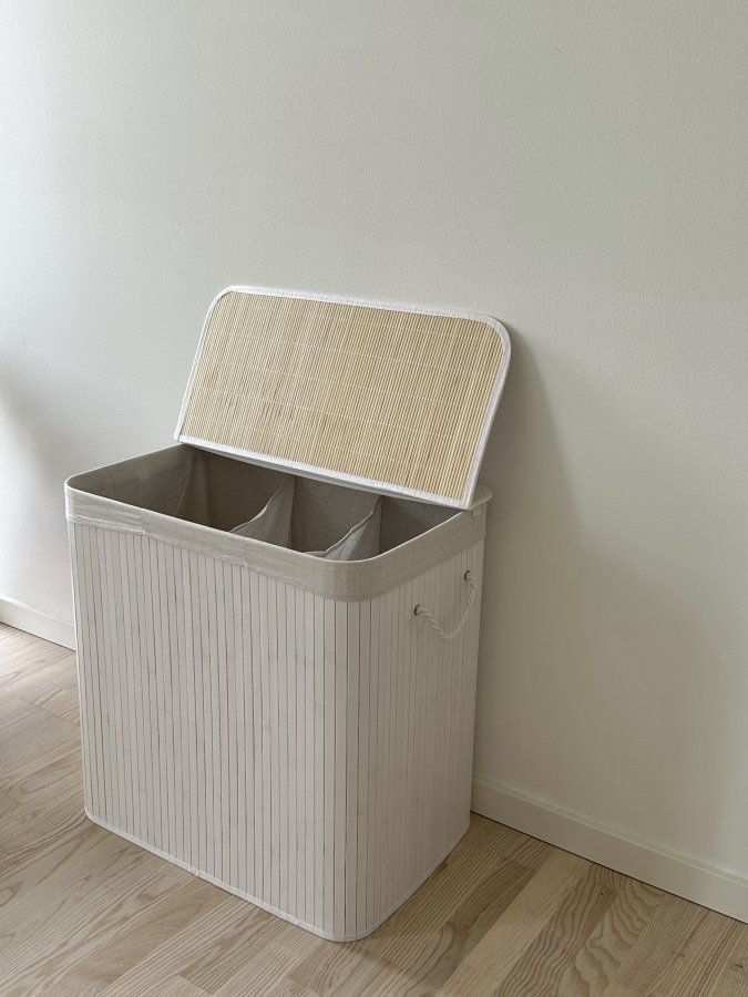 SONGMICS vasketjskurv, m. 3 sektioner, clip-on lg og hndtag - hvid bomuld og hvid bambus