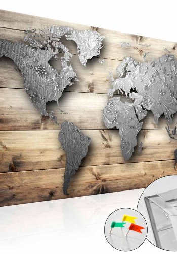 ARTGEIST Silver World verdenskort billede - s�lv/natur print p� kork (80x120)
