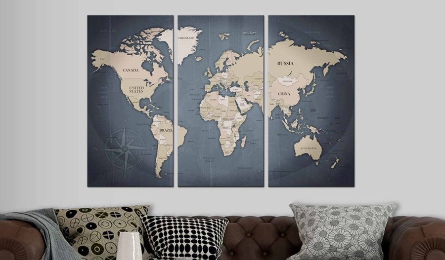 ARTGEIST Weltkartenbild -  Blau/Schwarz und Braun Druck auf Kork, 3-teilig (mehrere Gren)