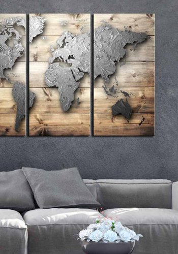 ARTGEIST Doors to the World verdenskort billede - gr�/natur print p� kork, 3-delt (80x120)