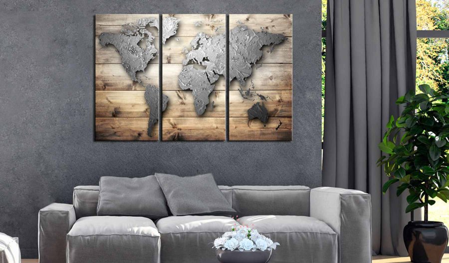 ARTGEIST Doors to the World verdenskort billede - gr�/natur print p� kork, 3-delt (80x120)