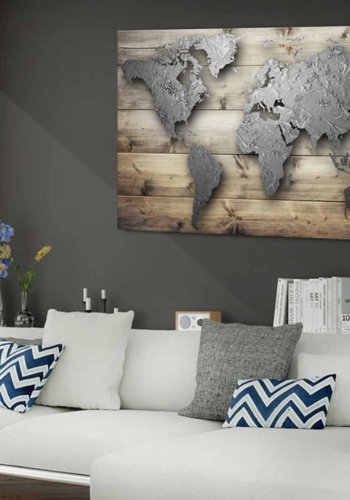 ARTGEIST Silver World verdenskort billede - s�lv/natur print p� kork (80x120)