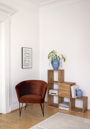 NOCNOI Puzzle asymmetrisk reol, m. 6 rum - massivt olieret eg (104x104)