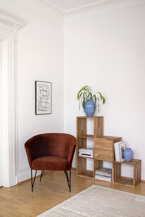 NOCNOI Puzzle asymmetrisk reol, m. 6 rum - massivt olieret eg (104x104)