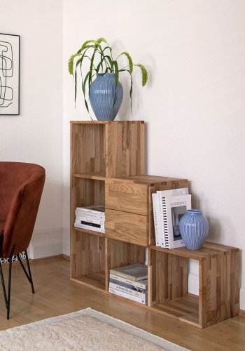 NOCNOI Puzzle asymmetrisk reol, m. 6 rum - massivt olieret eg (104x104)