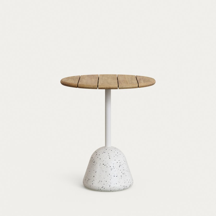 KAVE HOME Saura bord med naturlig akasieplate og hvit terrazzo-base 70x75cm