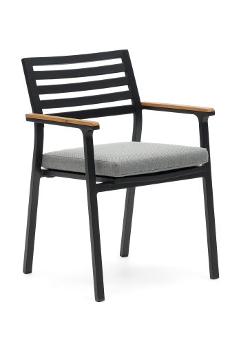 KAVE HOME Bona hagestol, med stoffpute og armlener i teak - sort aluminium