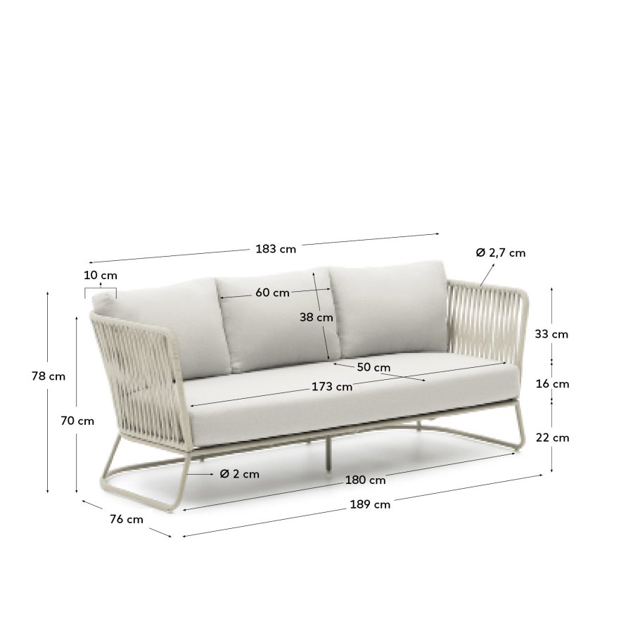 KAVE HOME Saconca utendrs 3-seters sofa i tau og grtt galvanisert stl 189 cm