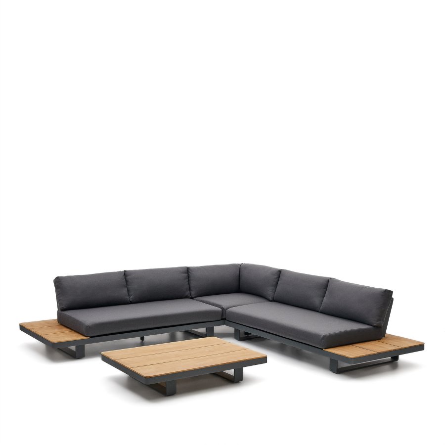 KAVE HOME Tosqueta utendrs salongsett, 5 personer. hjrnesofa og 1 bord - aluminium og teak (sett med 2)