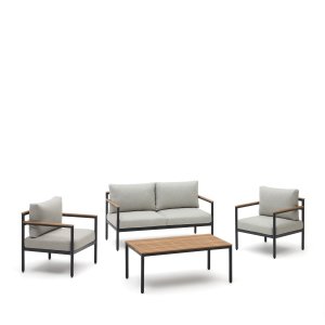 KAVE HOME Aiguafreda loungest, m. 2 pers. sofa, 2 stole, 1 sofabord - gr aluminium og akacietr