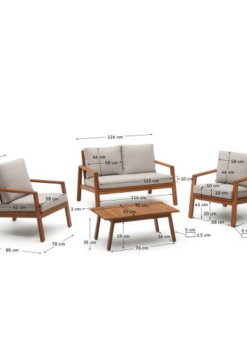 KAVE HOME Frares hagesett, m. 2-manns sofa, 2 lenestoler, 1 salongbord - akasietre (sett med 4)