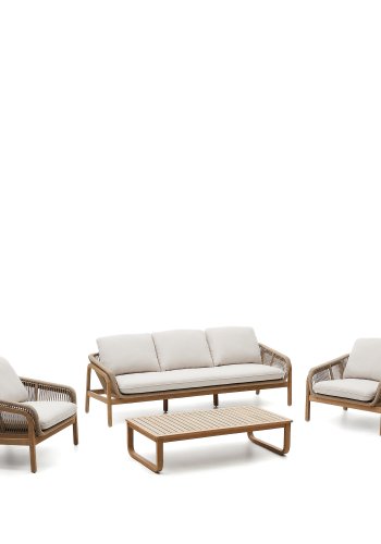 KAVE HOME Vellana utendrs salongsett, m. 3-manns sofa, 2 lenestoler, 1 salongbord - akasietre (sett med 4)