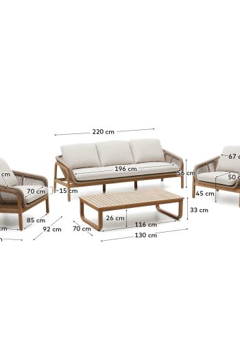 KAVE HOME Vellana utend�rs salongsett, m. 3-manns sofa, 2 lenestoler, 1 salongbord - akasietre (sett med 4)