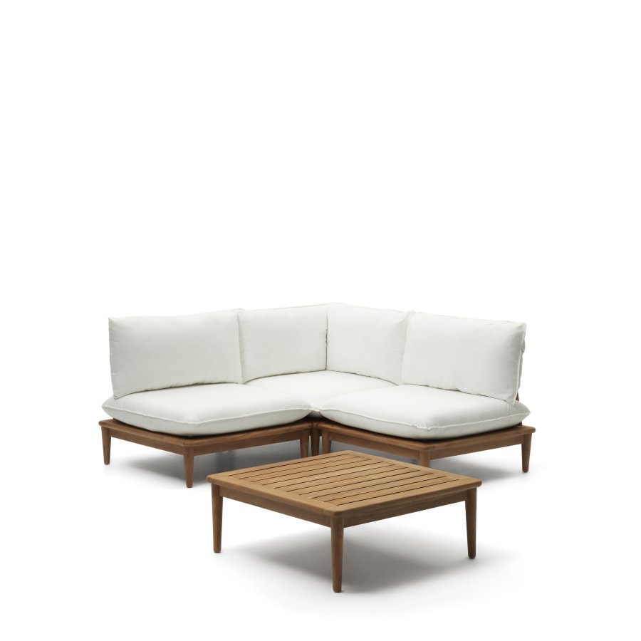 KAVE HOME Portitxol 1 hjrnelenestol, 2 modulre lenestoler og salongbord - naturlig teak (sett med 4)