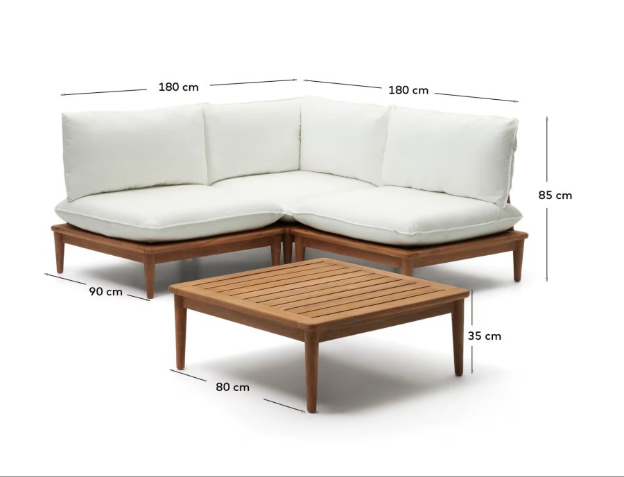 KAVE HOME Portitxol 1 hj�rnelenestol, 2 modul�re lenestoler og salongbord - naturlig teak (sett med 4)
